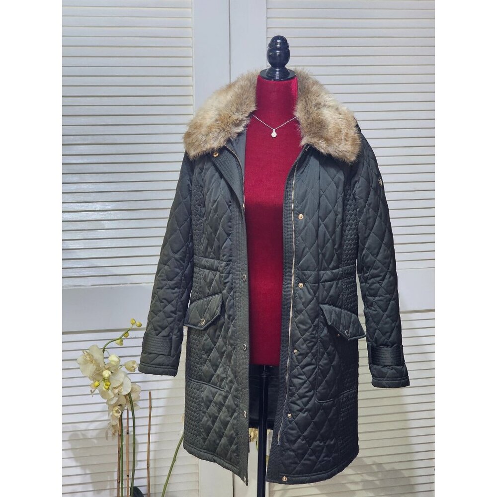 Michael Kors Women's Green Quilted Coat Jacket With Faux Fur Collar M 2755 - Picture 7 of 14